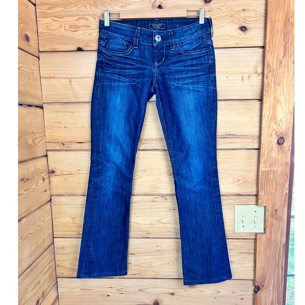 Guess Los Angeles Premium Bootcut Jeans Dark Wash Whiskered Low Rise Womens 30